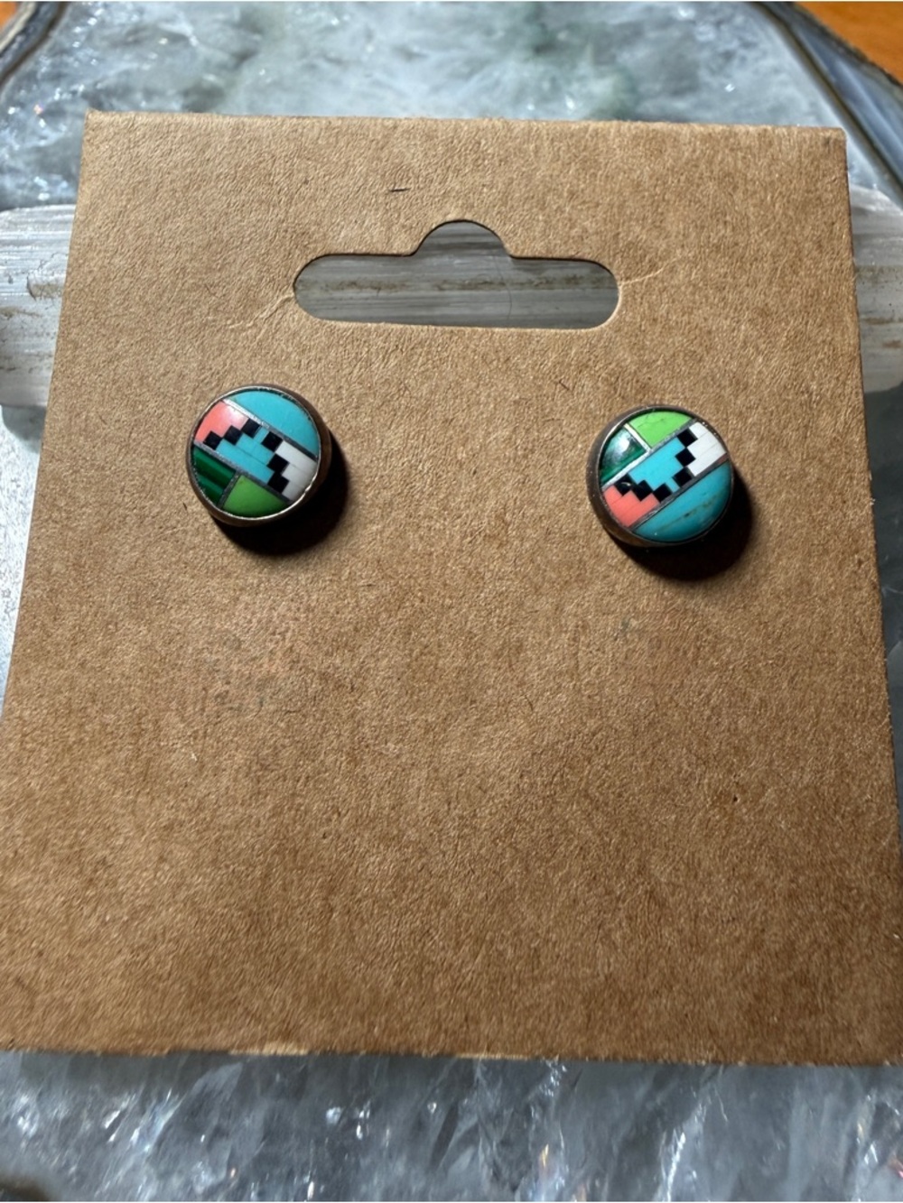 Colorblock Inlay Round Stud Earrings - Turquoise, Pink & Green